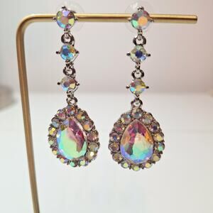 Statement Earrings AB Rhinestones Dangle LG Oval Stone Sm Stones Posts